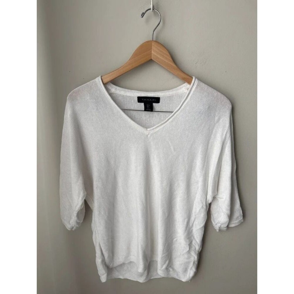 Tahari White Linen Blend Oversized V-Neck Top Small